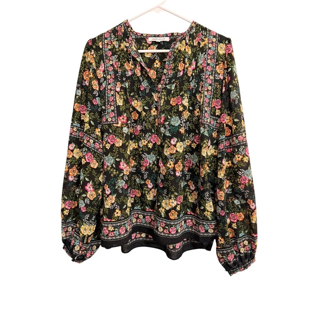 Rose + Olive‎ Floral Split Neck Balloon Sleeve Blouse Black Womens Medium
